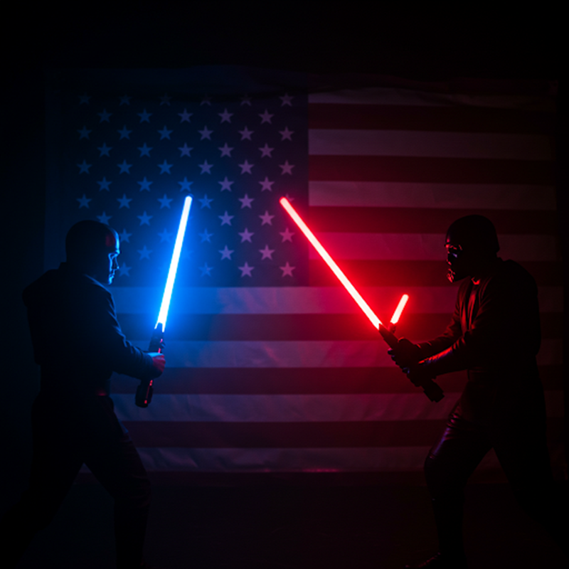 Image of two characters with red and blue glowing sticks in front of a US flag.