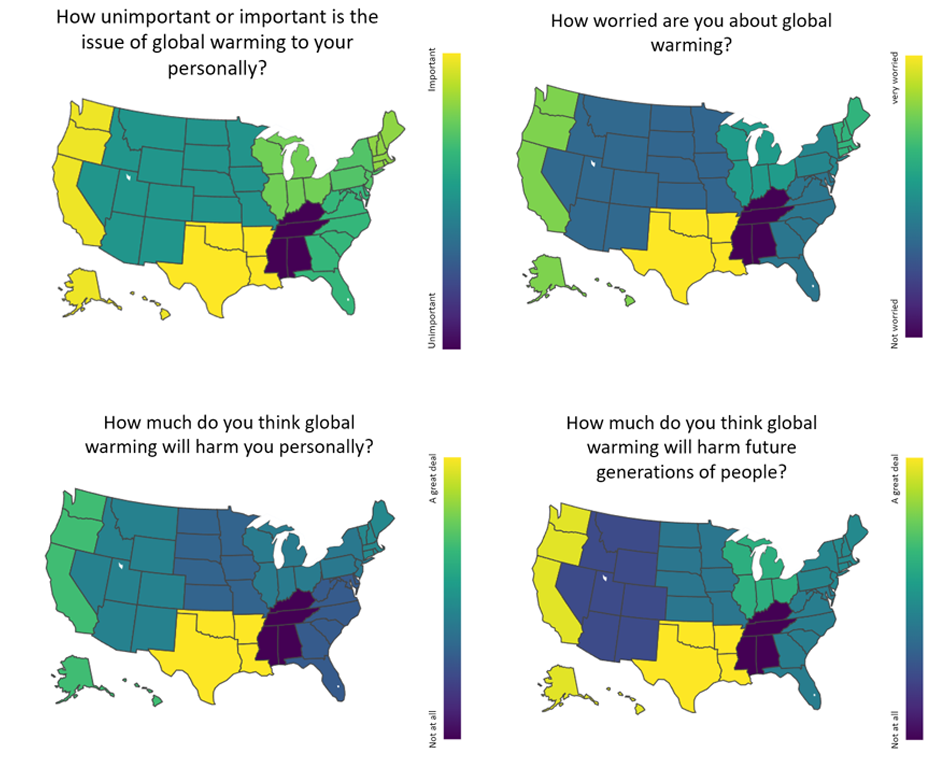 Four maps of America regarding climate views.