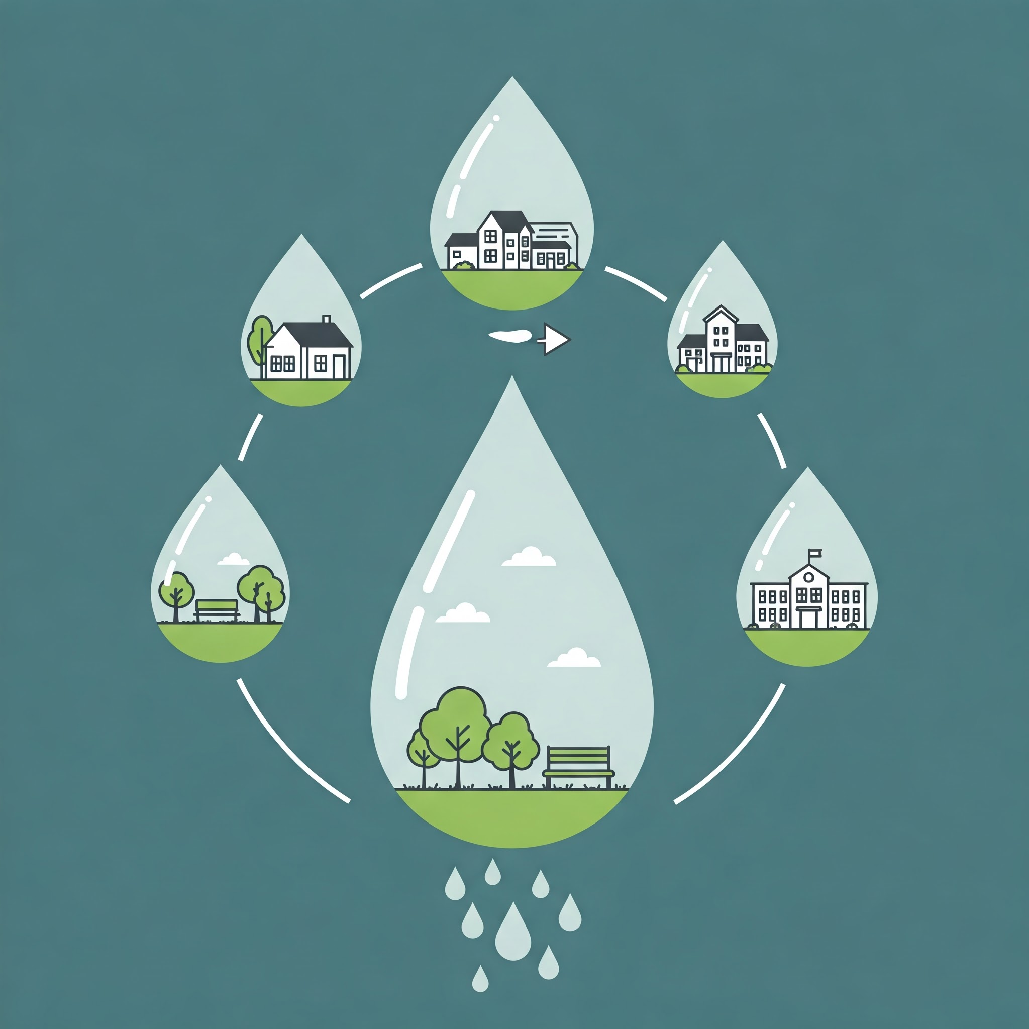 Cartoon of water drops and different ways we use water in our communities.