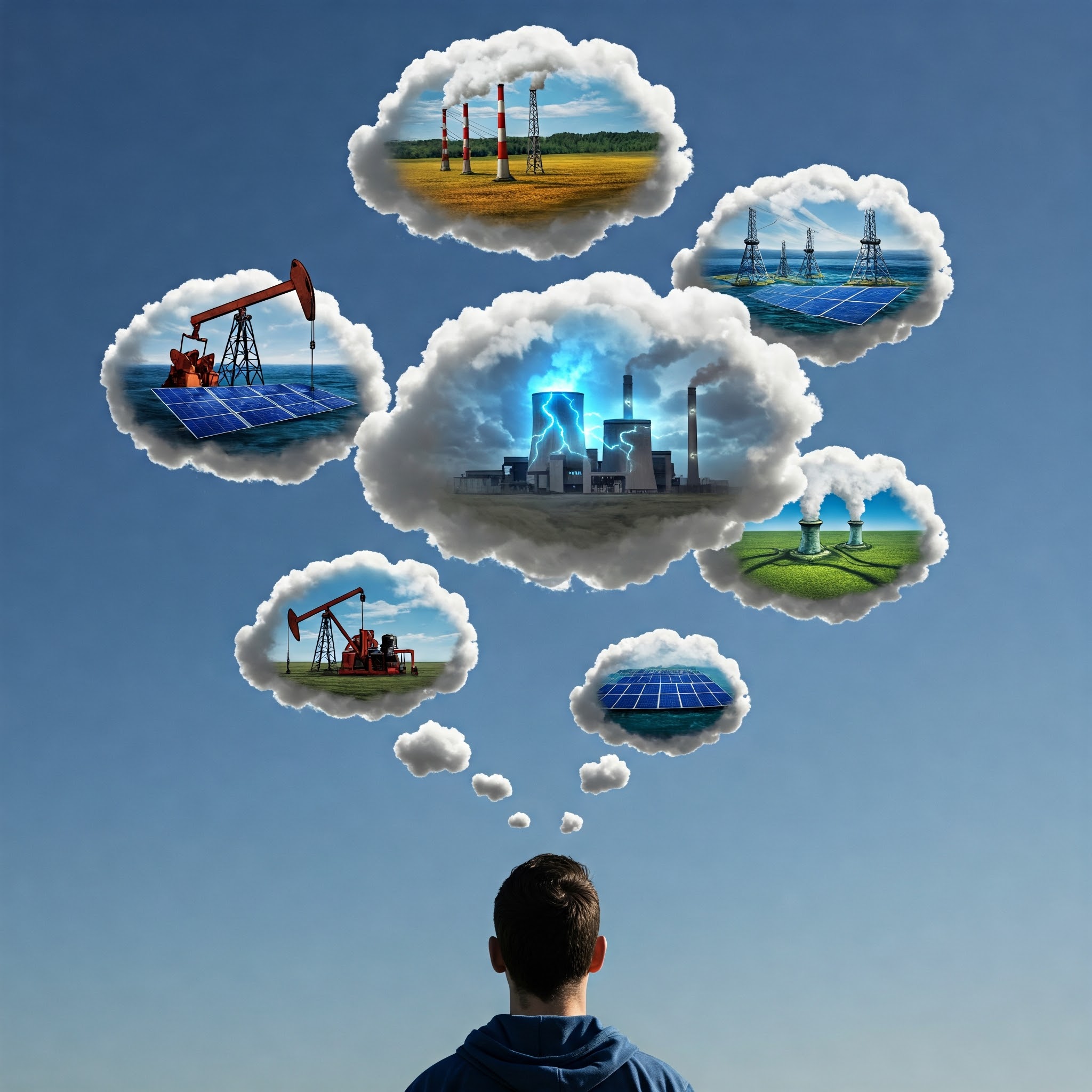 A person thinking about different types of energy.