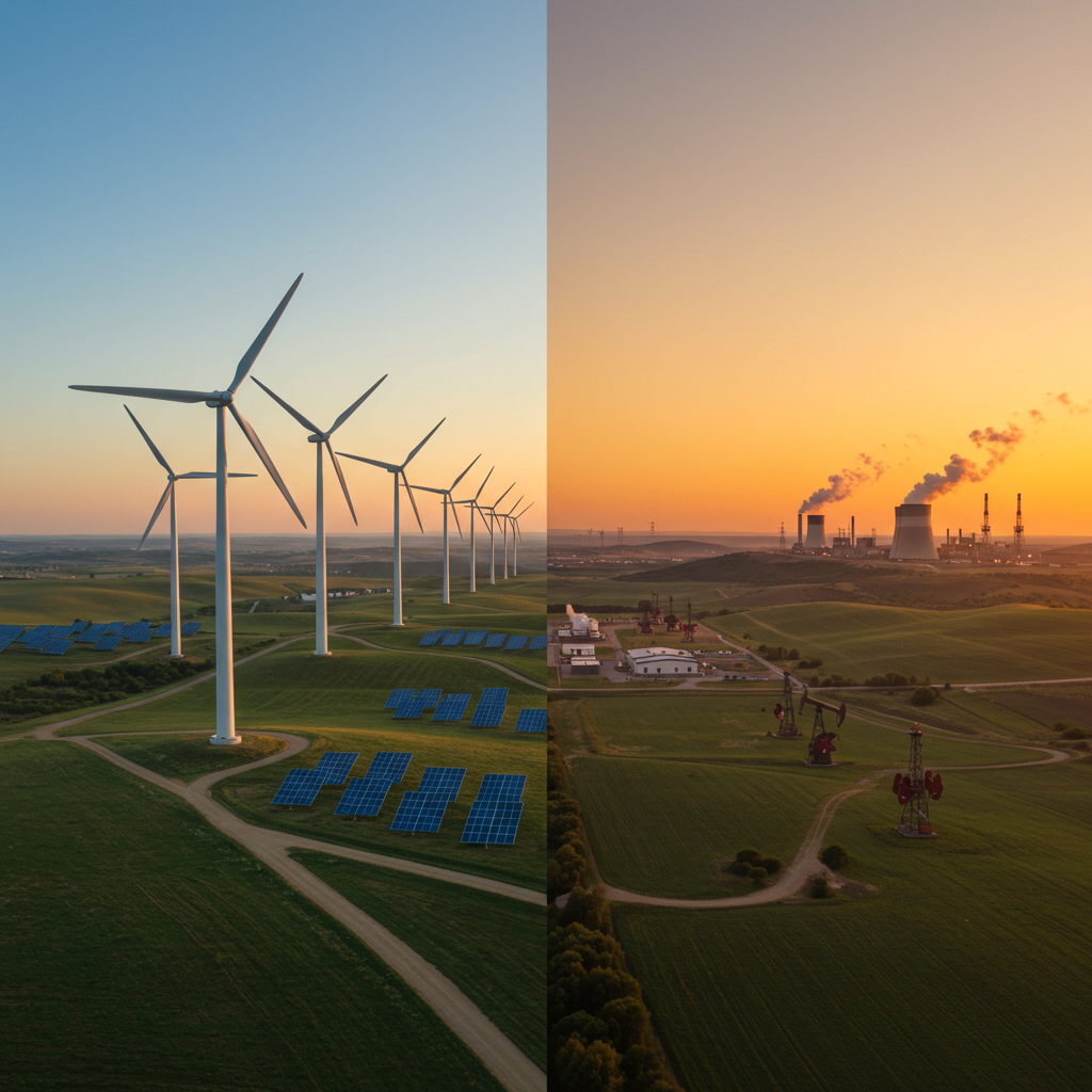 Image of windmills and solar power panels juxtaposed with hydrocarbon and nuclear energy.