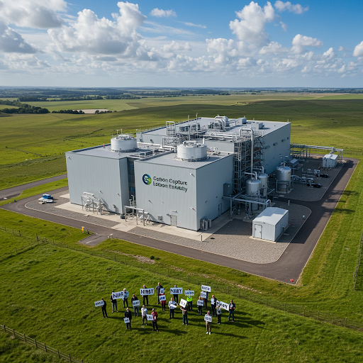Carbon capture plant with people holding NIMBY signs.