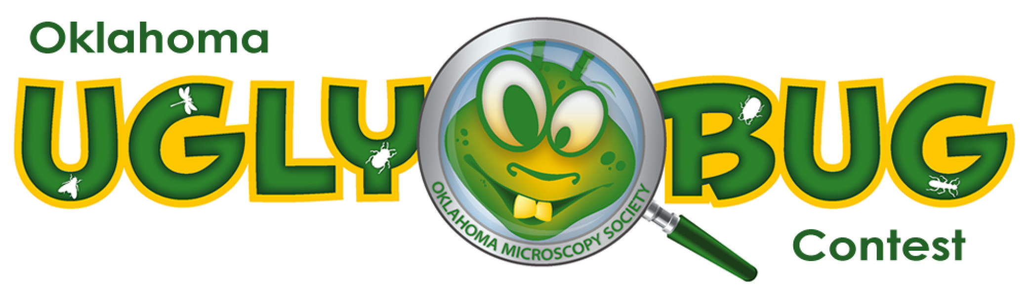 Oklahoma Ugly Bug competition logo with a bug in a microscope, by the Oklahoma Microscopy Society