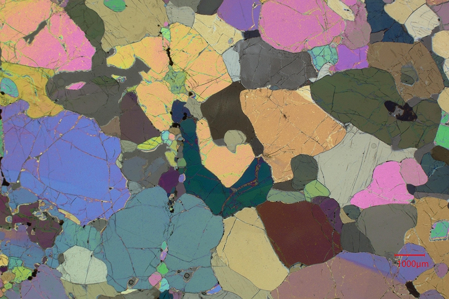 Image of olivine crystals from a rock thin section in cross-polarized light.