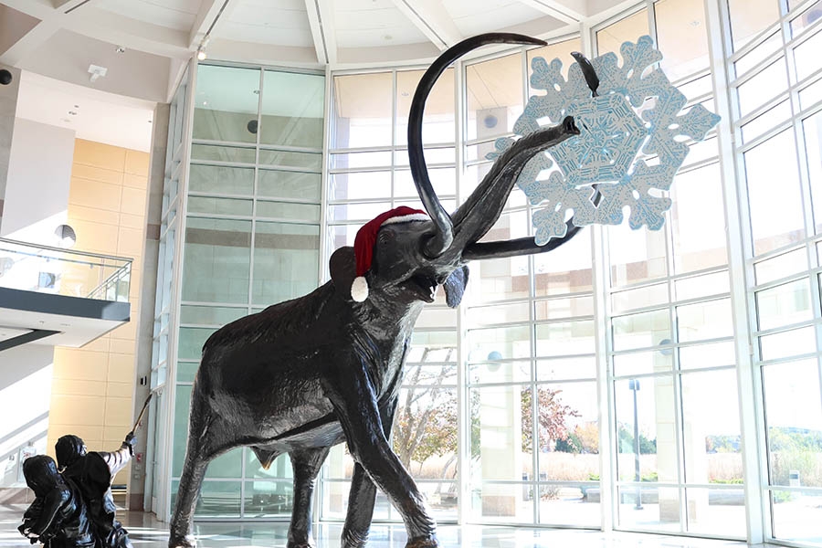 Mammoth statue decorated for the holidays at the Sam Noble Museum in Norman, Oklahoma.