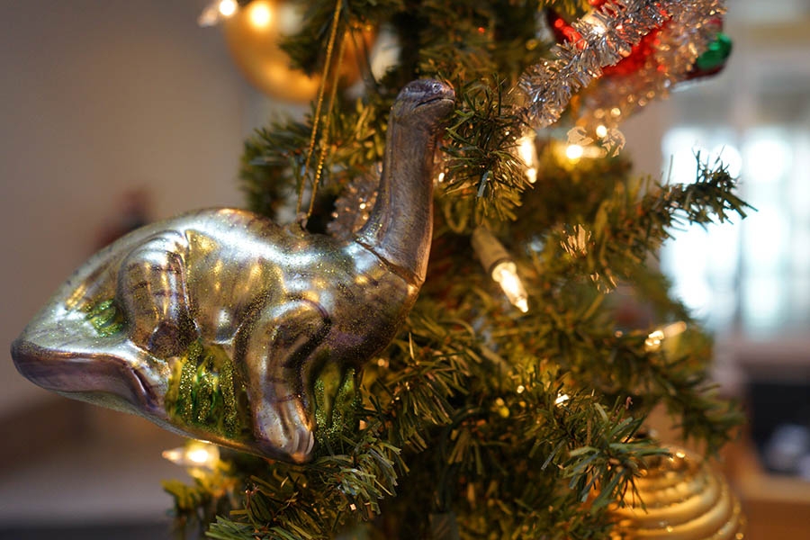 Dinosaur ornament hanging on a tree at the Sam Noble Museum in Norman, Oklahoma.