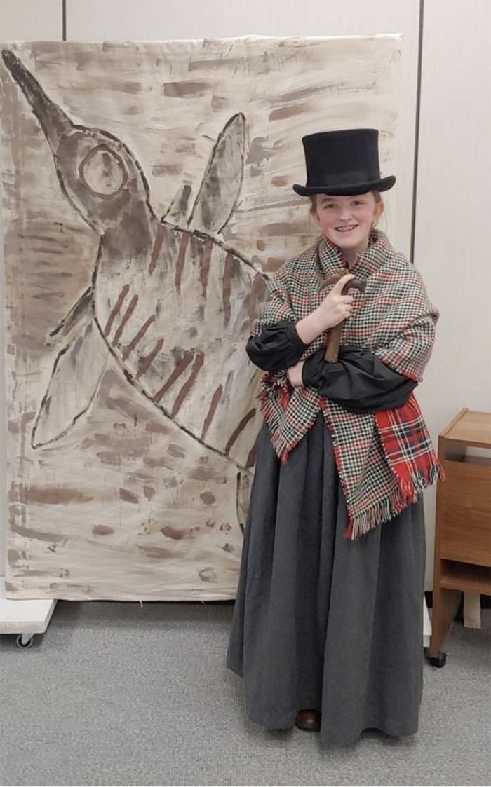 Isabella Hardy, 7th grade scholar, in full Mary Anning garb
