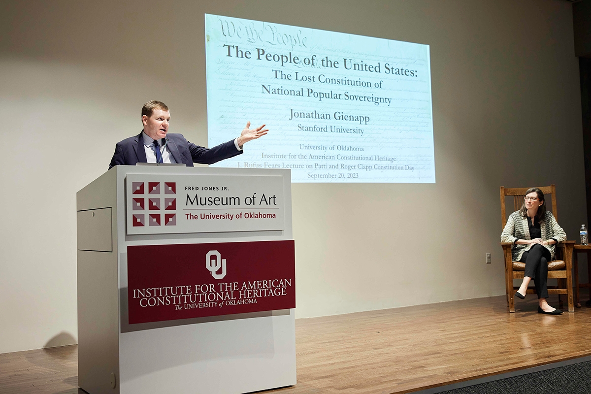 Jonathan Gienapp standing at podium during his lecture on The People of the United States: The Lost Constitution of National Popular Sovereignty. This was taken during the Patti and Roger Clapp Constitution Day at the University of Oklahoma.