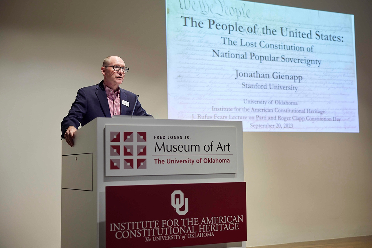 Dodge Family College of Arts and Sciences Dean, David Wrobel, standing at podium during during the Patti and Roger Clapp Constitution Day at the University of Oklahoma.