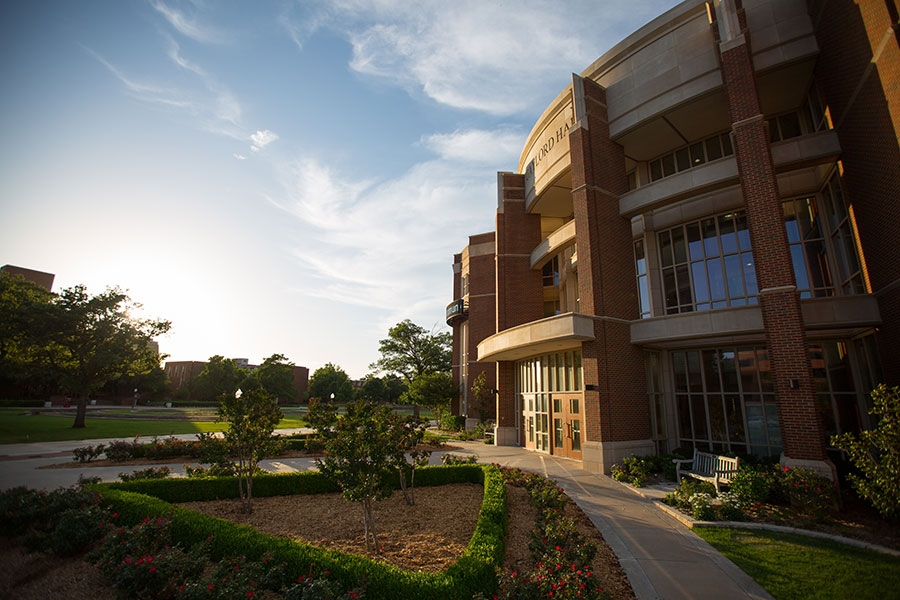 Exterior of the Gaylord College of Journalism building located on the south oval walkway on the Norman, OK. Campus.