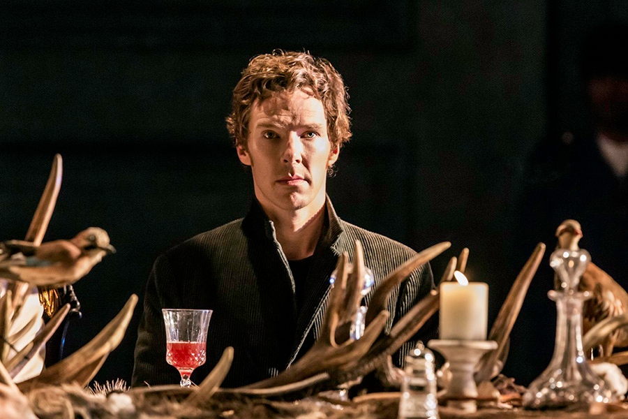 Benedict Cumberbatch on stage during performance of Hamlet.