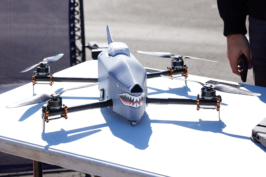 A coptersonde with a shark face on it.