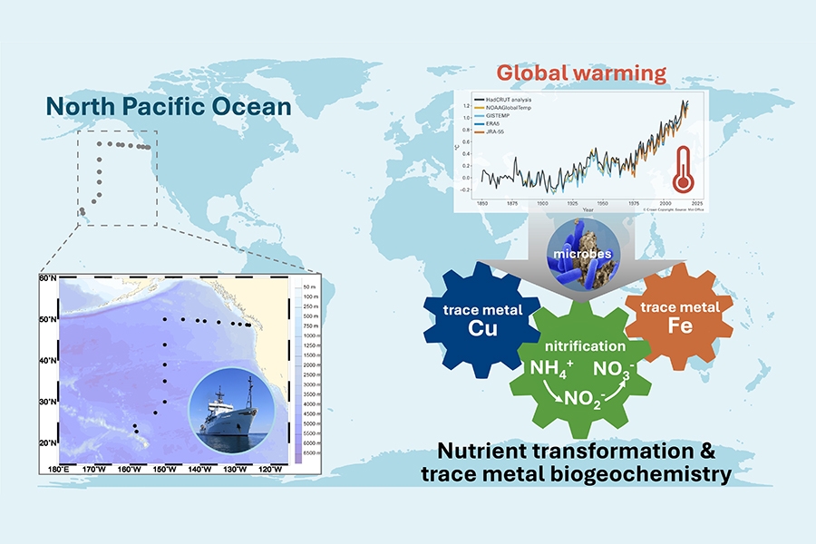 The nutrient transformation cycle and trace metal biogeochemical cycle with additional diagrams for global warming and the route the north Pacific Ocean cruise will take.