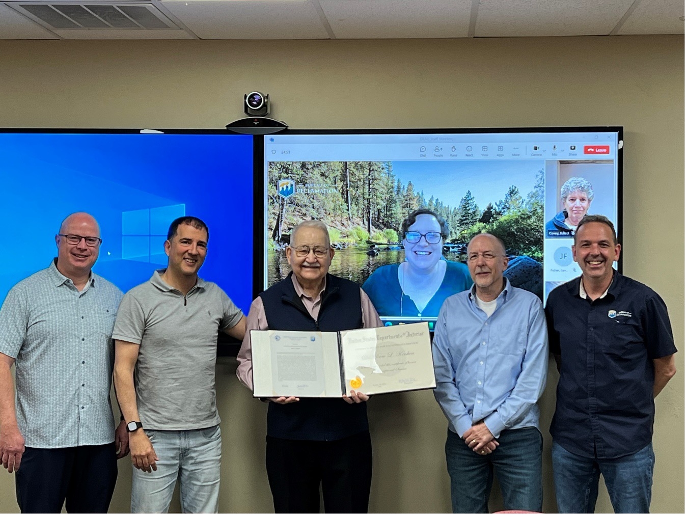 In photo, From left to right:   Marlon Duke, Nathan Kuhnert, Drew Kershen, Anna Hoag, James Allard and Collins Balcombe, posing for picture.