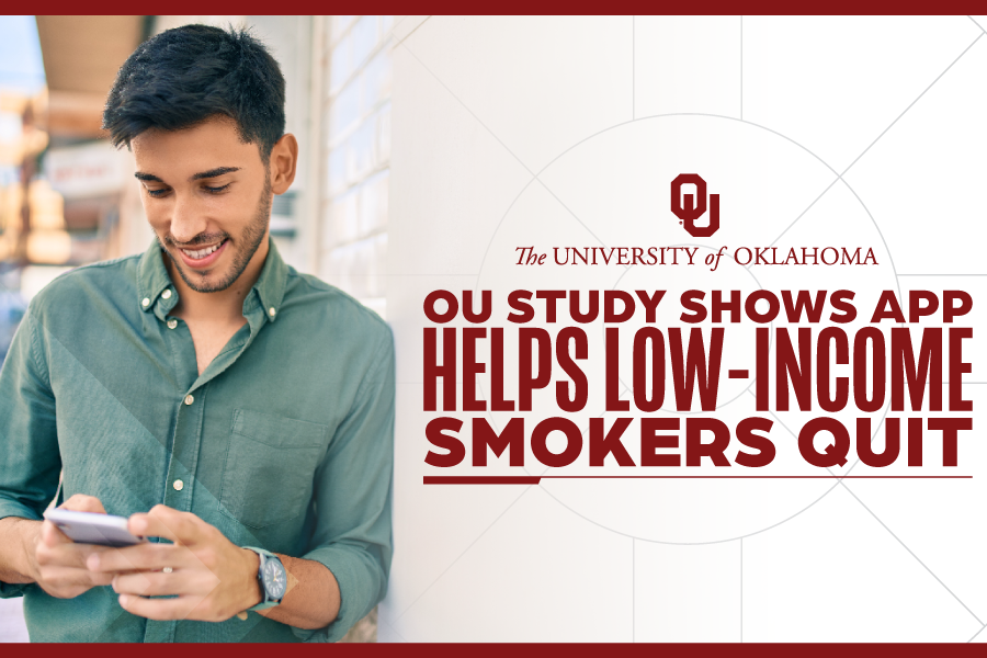 A graphic that reads "OU study shows app helps low-income smokers quit."