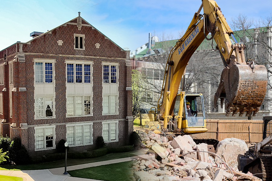 Left: historical photo of Sutton Hall from University archives; Right: photo taken during demolition.