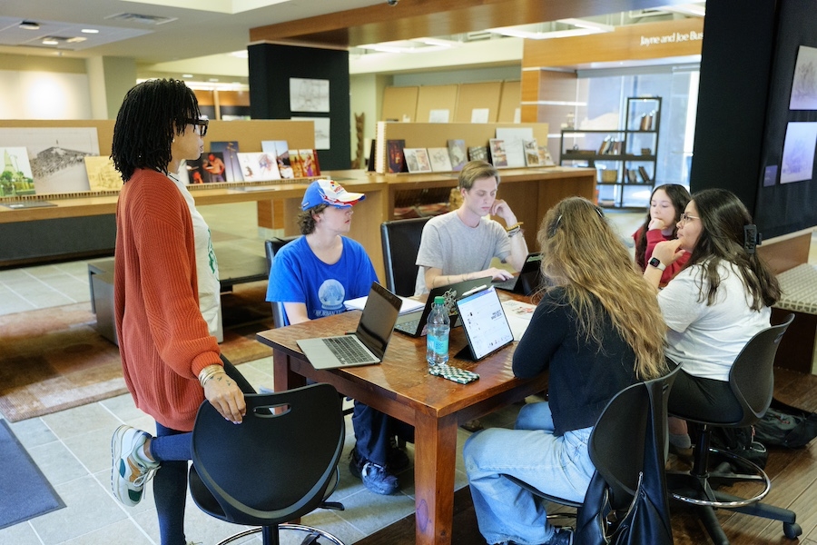 Students working on the project at their laptops.