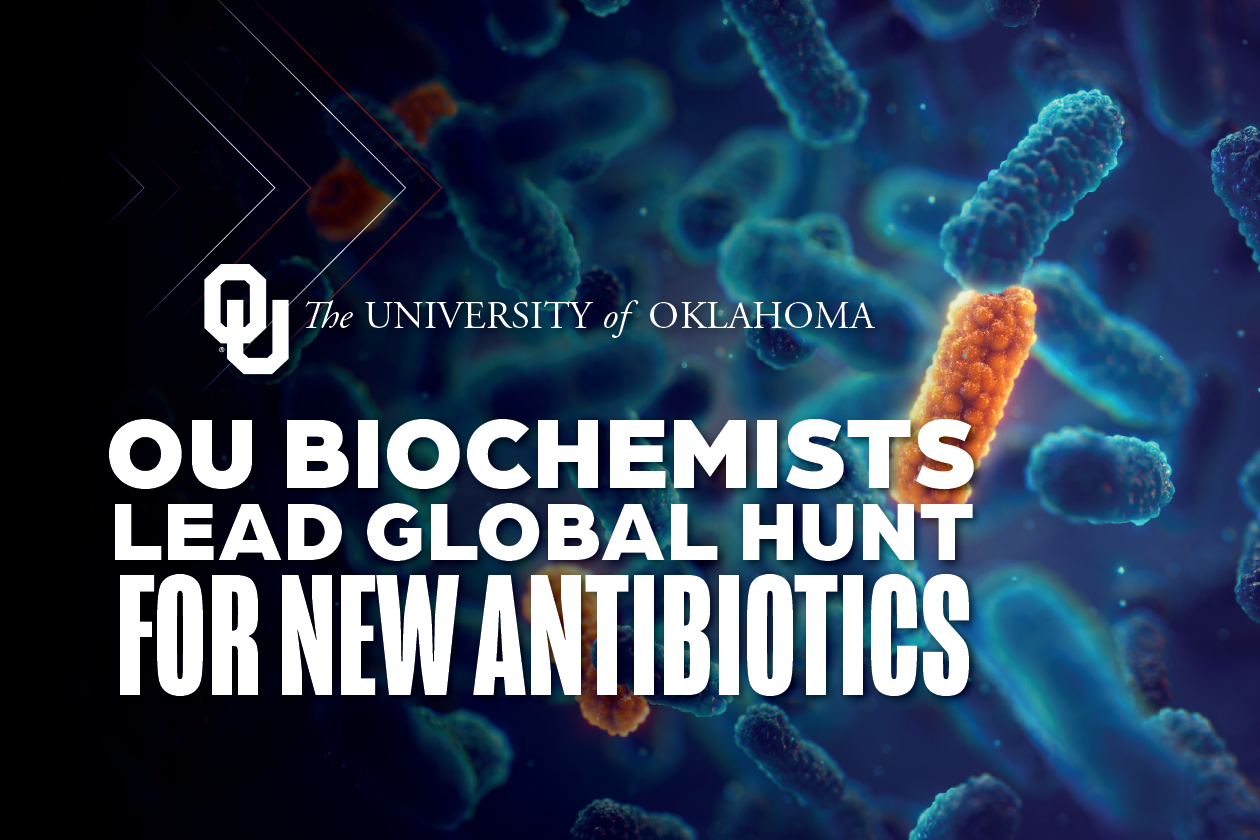 A graphic that reads "OU Biochemists Lead Global Hunt for New Antibiotics."