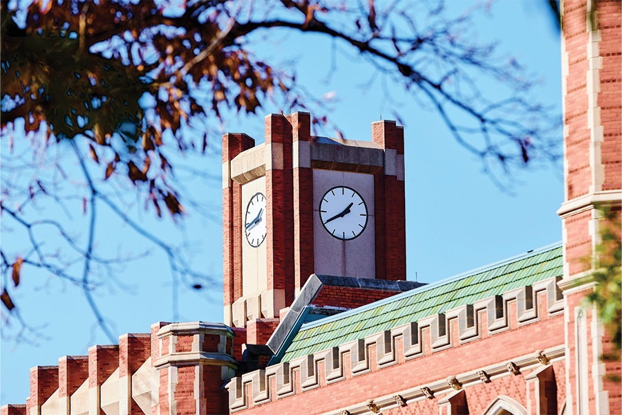 The clock tower on the University of Oklahoma Norman Campus.