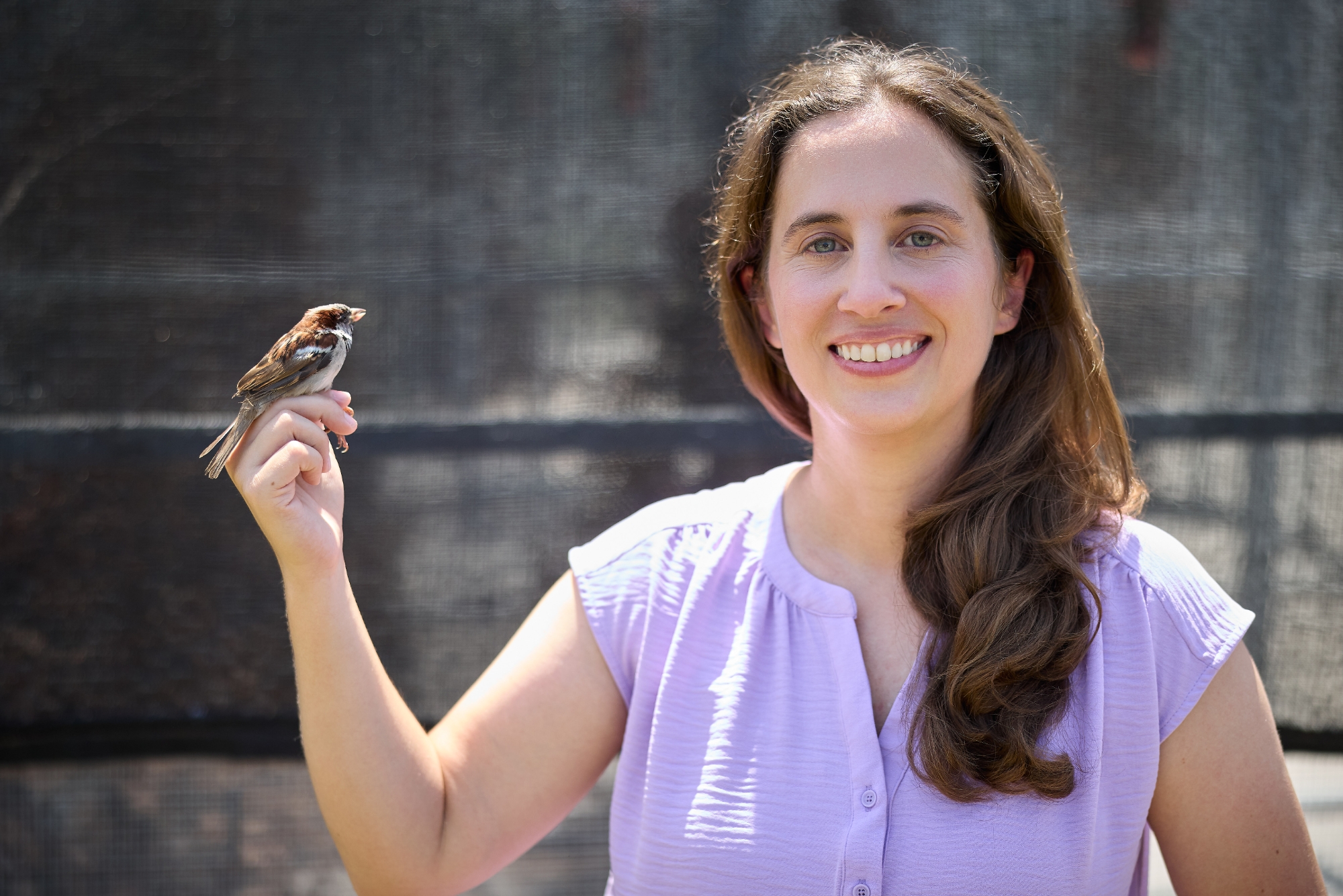 Alexandra Bentz holding a House sparrow. 