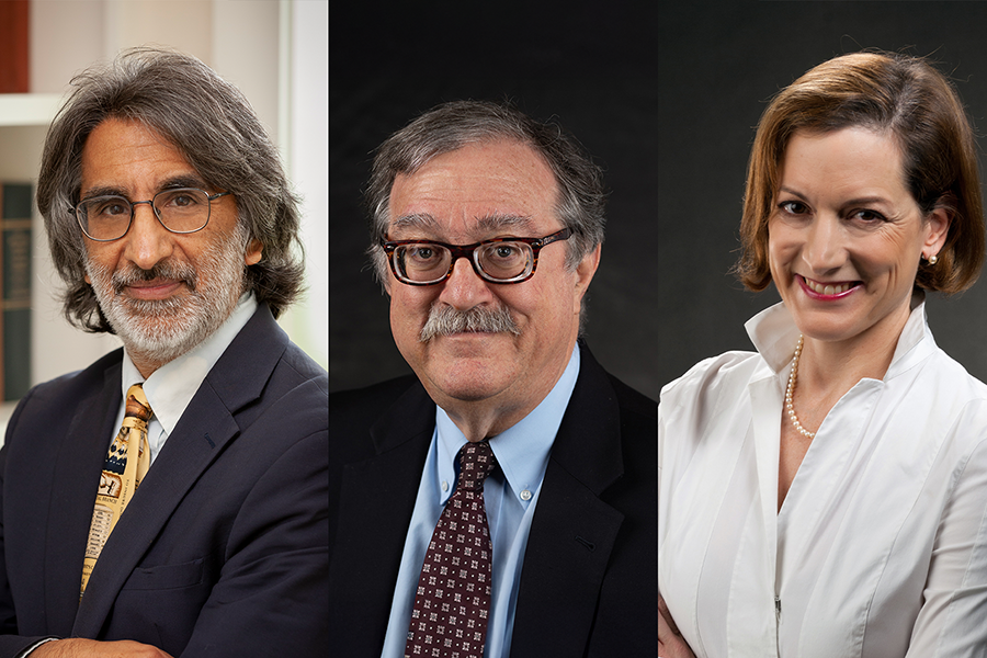 From left, three portrait photographs side by side featuring Akhil Reed Amar, Wilfred M. McClay and Anne Applebaum.