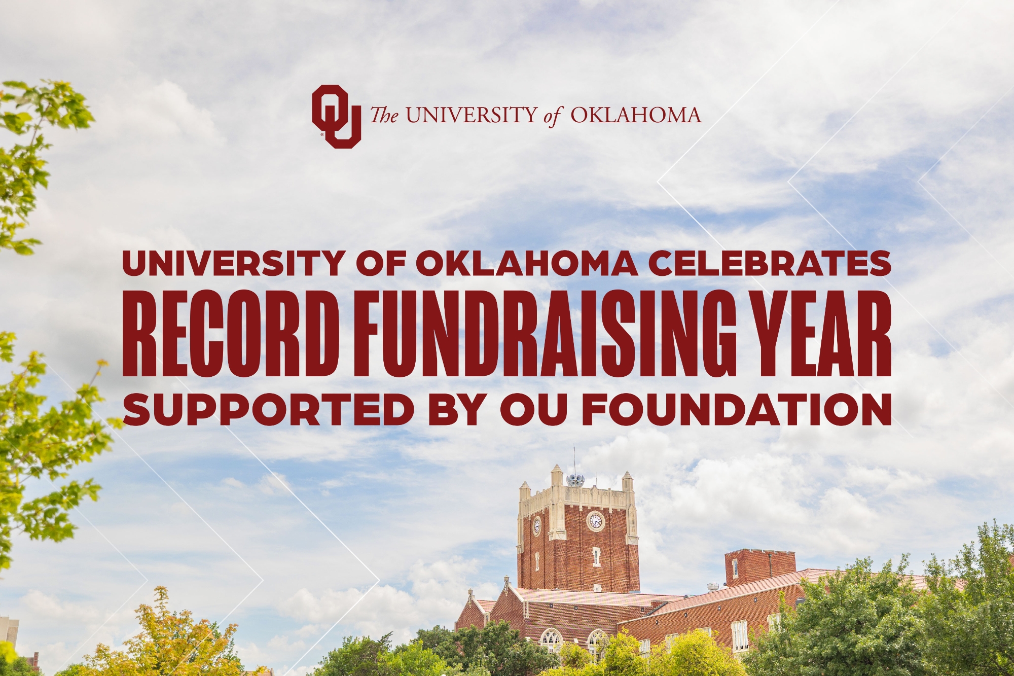 A photo of the sky, with a clock tower in the background. The words "University of Oklahoma Celebrates record fundraising year supported by OU Foundation" are in crimson on the sky.