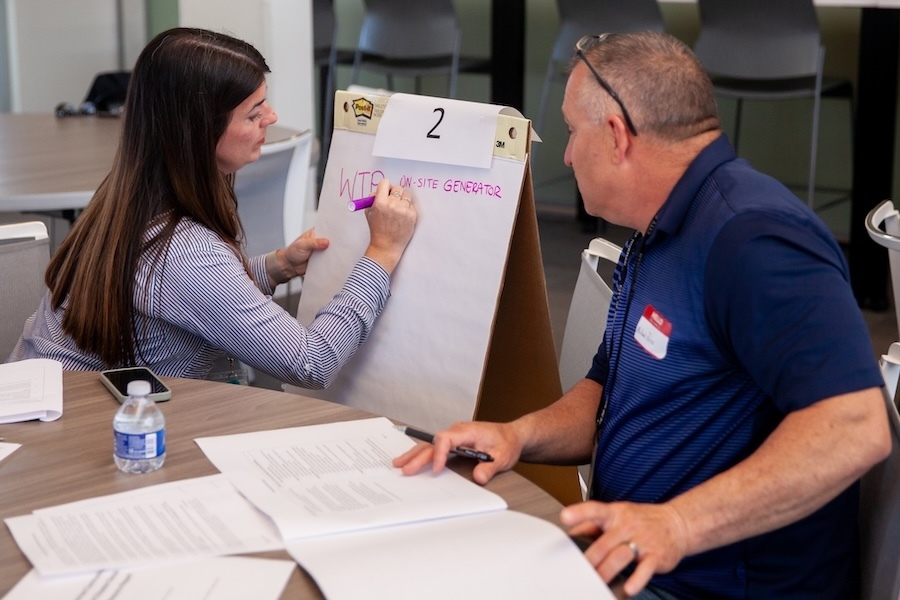 Shay Hinds, Virtue Center operations manager, and Michael Price, City of Norman Water Treatment Plant manager, participate in a discussion.