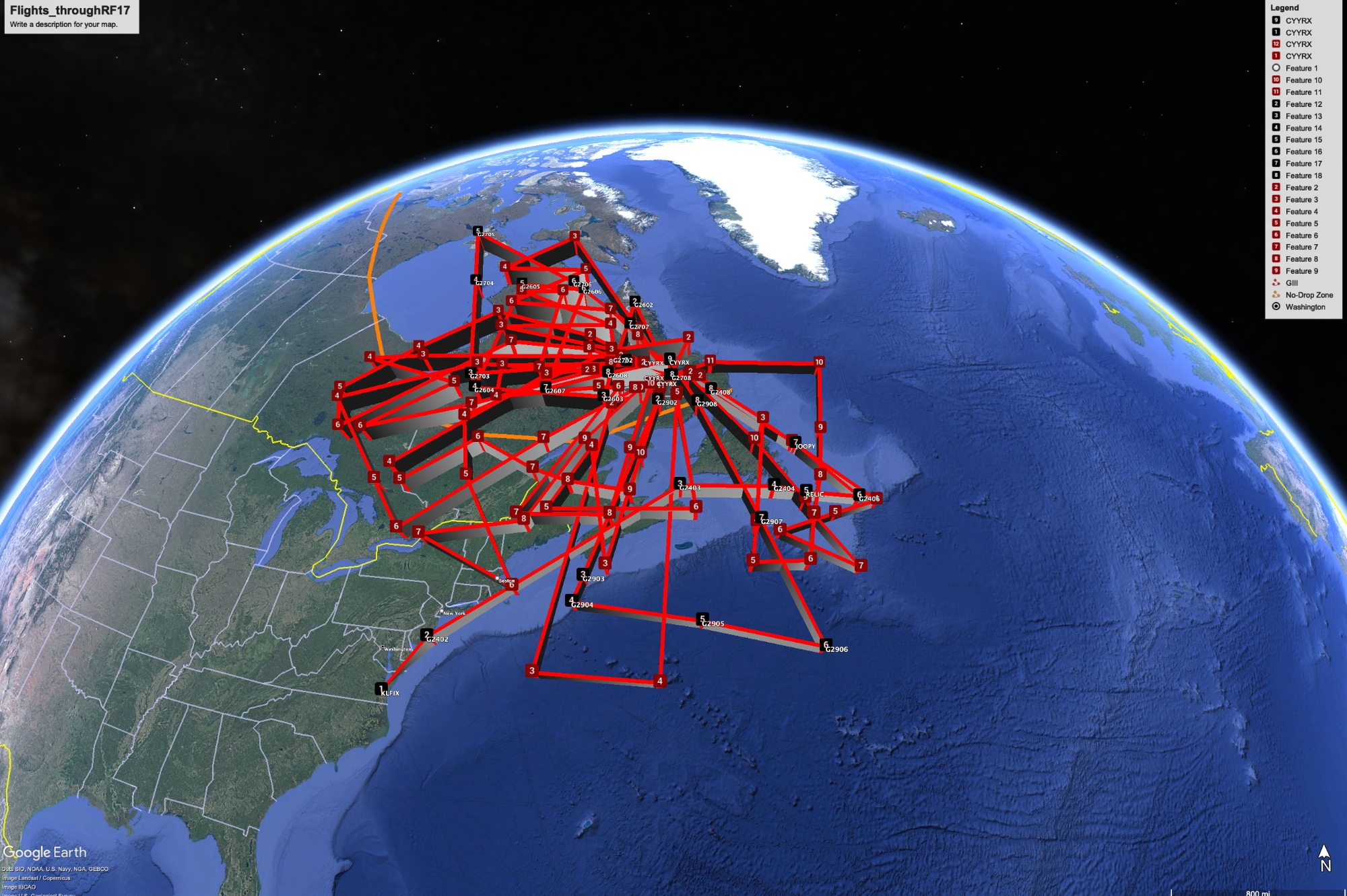 A graphic featuring the top half of a the globe, with overlapping red lines depicting the flight paths taking during a field campaign.