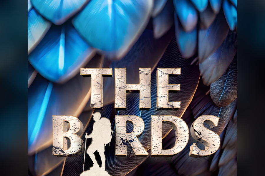 The logo for "The Birds" over blue feathers.