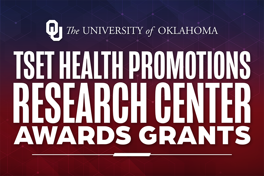Over a blue to red gradient background, the white words "TSET health promotions research center awards grants."
