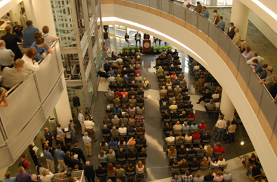 An overhead view of the National Weather Center Atrium during the dedication ceremony.
