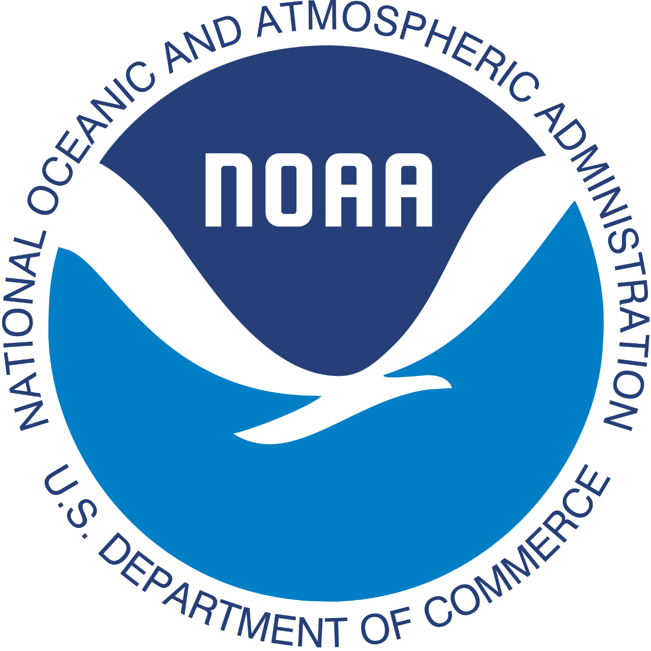 National Oceanic and Atmospheric Administration, U.S. Department of Commernce, N O A A logo.