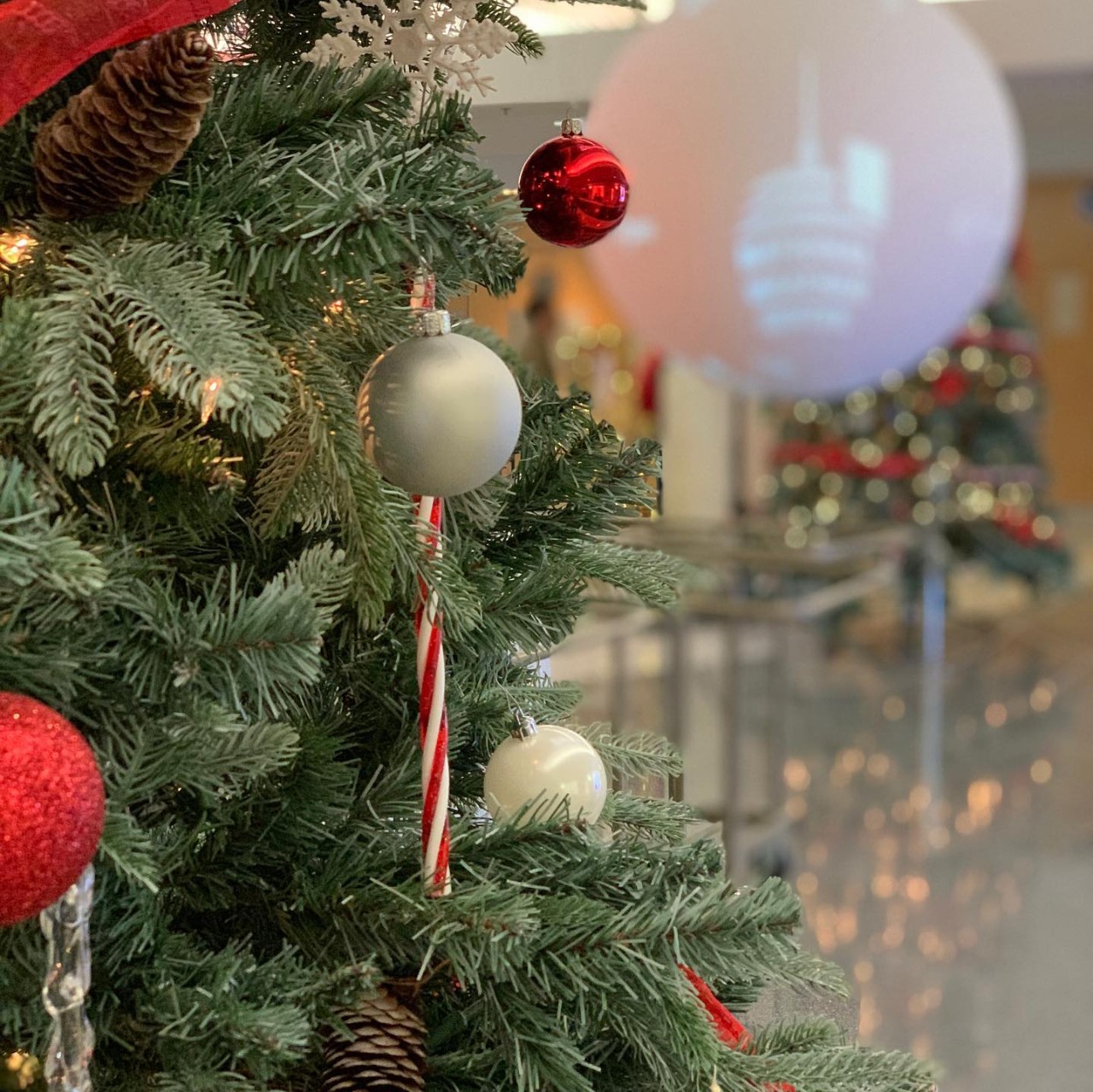 The NWC Atrium is decorated for the holidays. The NWC logo can be seen on Science on a Sphere. National Weather Center.