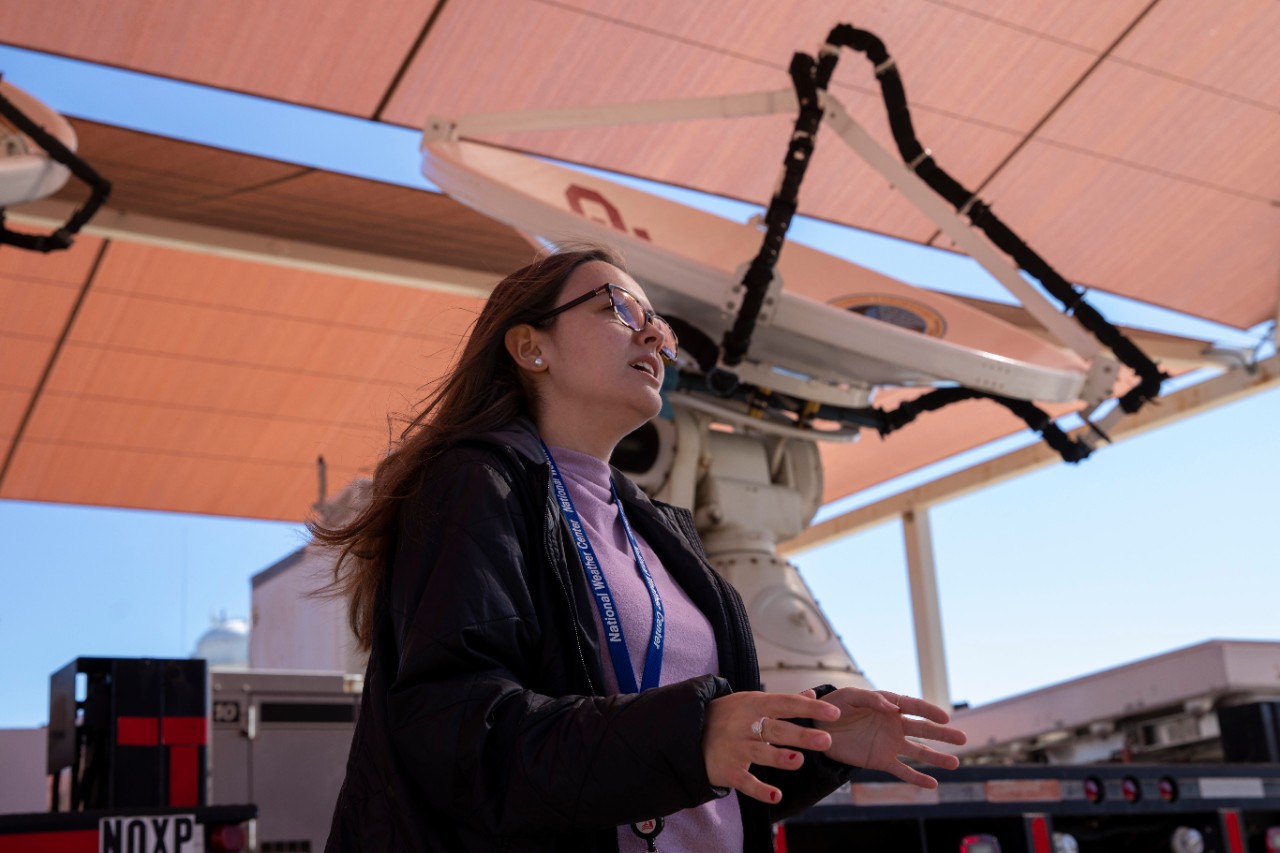 An A&GS student gives a tour of the National Weather Center Vehicle Bay in November, 2019.