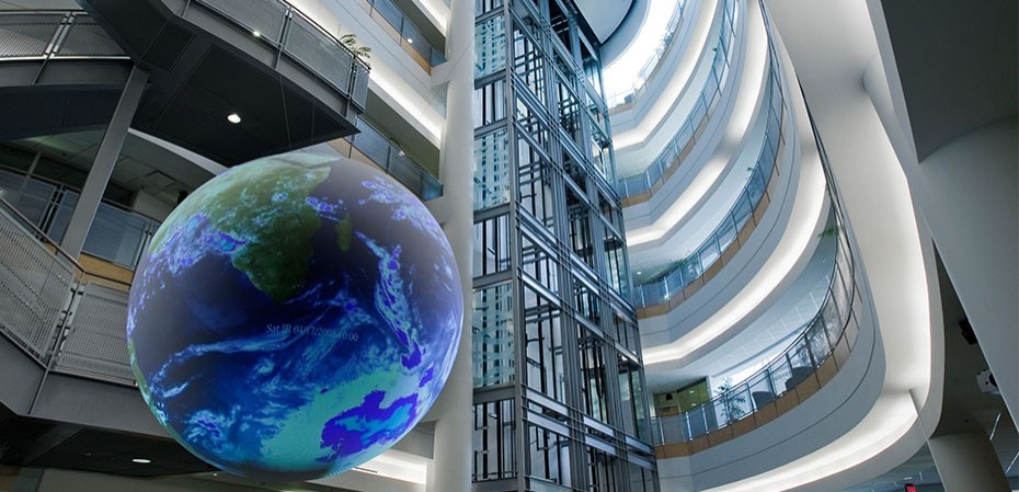 Science On a Sphere in the atrium of the National Weather Center.