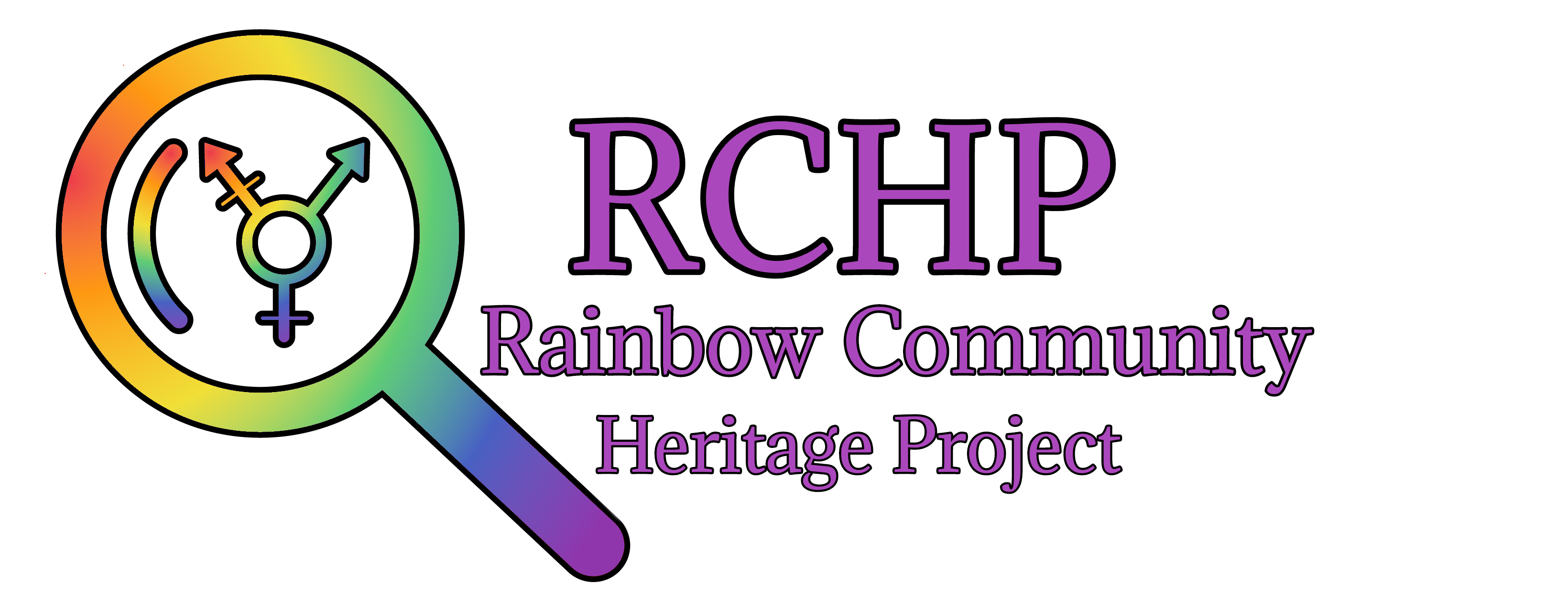 A magnifying glass highlights the symbol for multiple genders in rainbow colors to the left of the words in purple, "Rainbow Community Heritage Project"