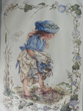An illustration of a young, white, femme-presenting child in a white and blue dress getting her feet dirty by happily playing in mud.