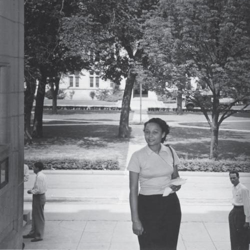Ada Lois Sipuel Fisher entering Monnet Hall