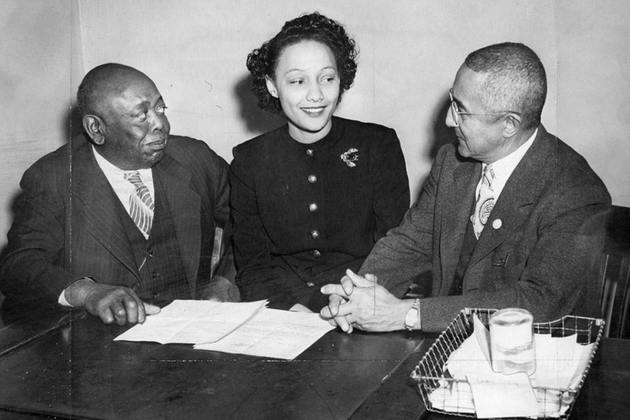 Fisher applies for admission to the OU College of Law. Accompanying her were NAACP Regional Director Dr. W.A.J. Bullock and Oklahoma NAACP leader/editor of the Black Dispatch Roscoe Dunjee.