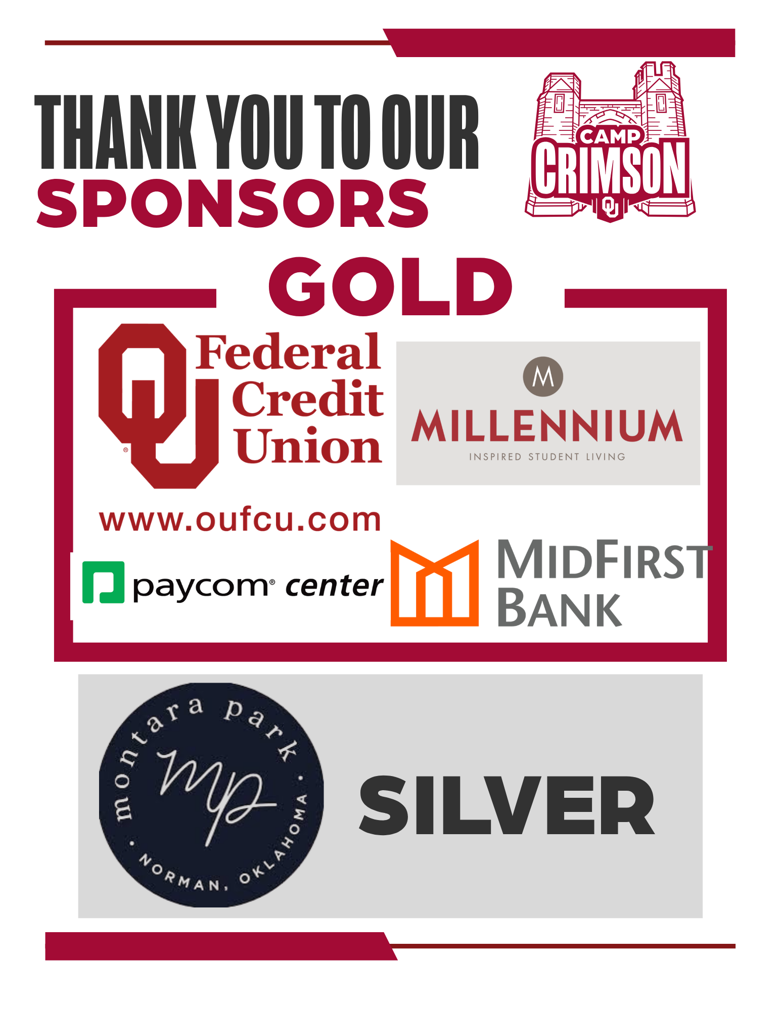 sponsorship logos - gold level sponsors - ou federal credit union, midfirst bank, cardinal group millennuim - silver level sponsors - sooner bowling center, cardinal groupd montara park, army national guard