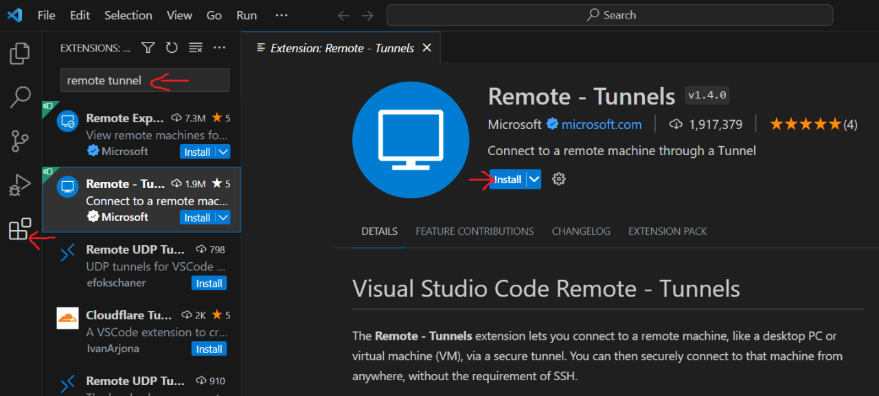 installing remote tunnel extension for visual studio code