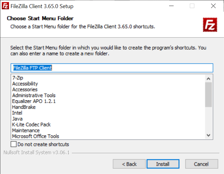 file zilla installer start menu options