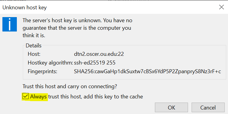 file zilla trust remote host pop up