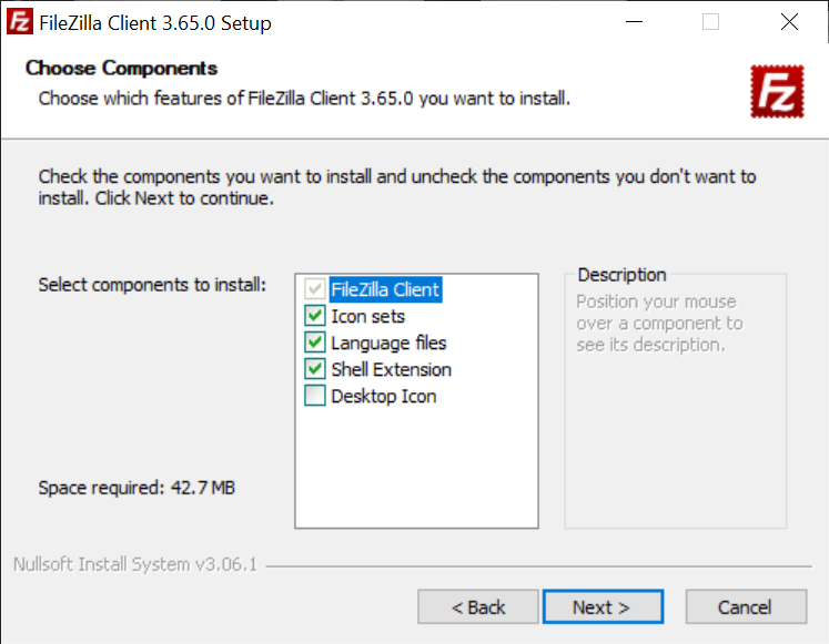 file zilla installer shortcut options