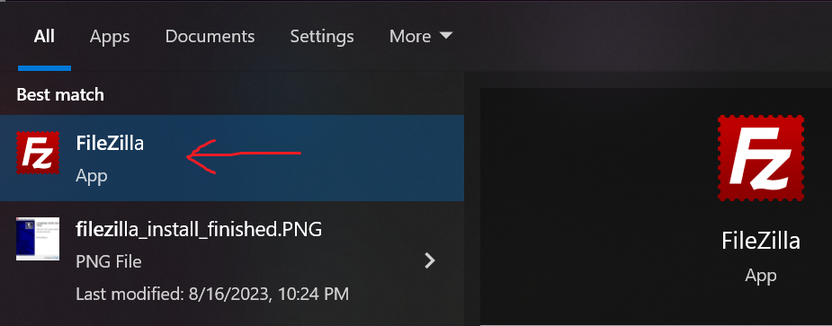 file zilla start menu