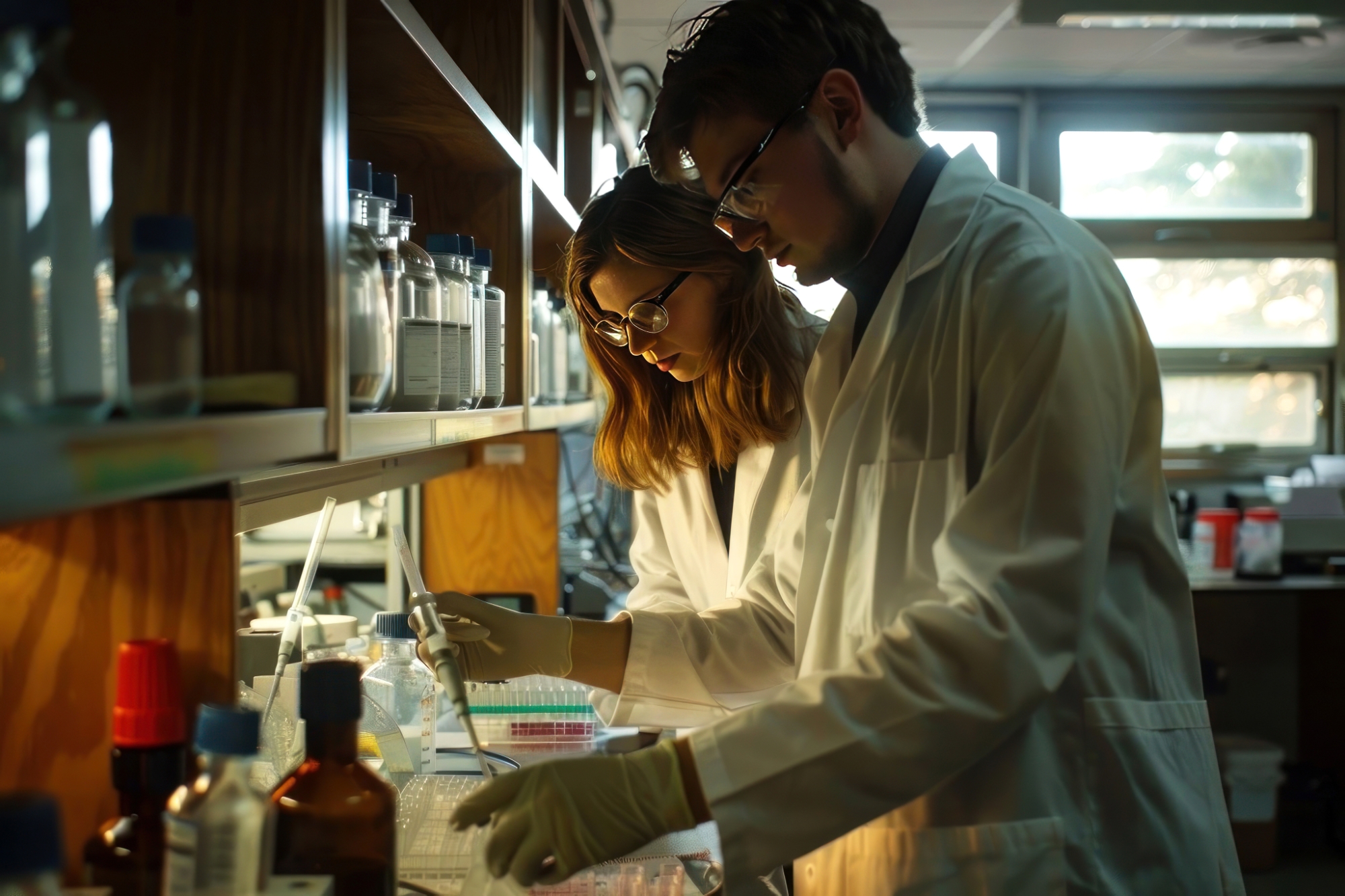 Two researchers in a lab working with equipment.