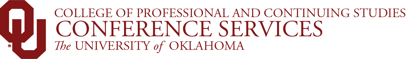 Interlocking OU, College of Professional and Continuing Studies, Conference Services, The University of Oklahoma website wordmark.