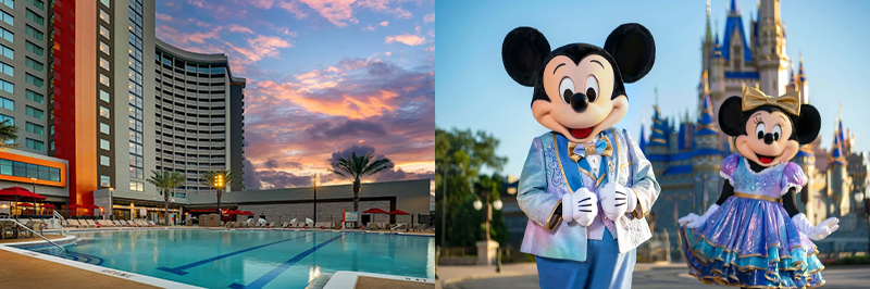 Disney Springs Drury Resort Hotel in Orlando, Florida and of Mickey and Minnie Mouse in front of Cinderella's Castle in the Magic Kingdom, Disney World