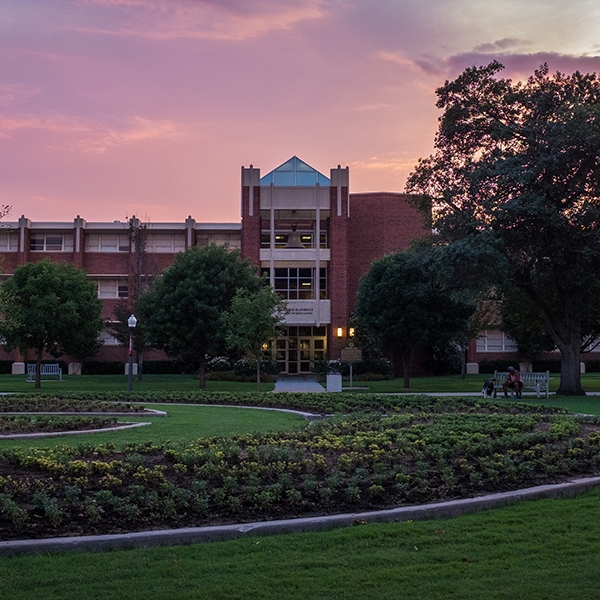 Collings Hall at sunset, surrounded by greenery.