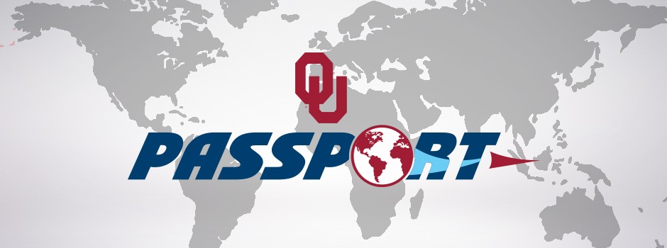 Interlocking OU, Passport office logo, overlaying a world map.